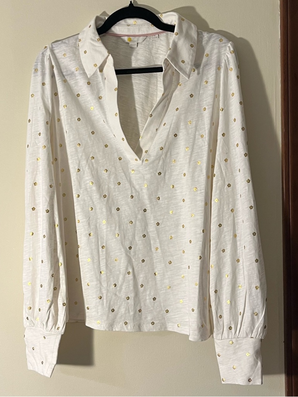 Boden White Long-Sleeve V-Neck Blouse with Gold Dot Accents